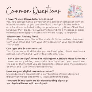 Puede incluir: Un fondo blanco con texto negro que responde a preguntas comunes sobre el uso de Canva, la descarga de archivos digitales y la creaci&oacute;n de productos personalizados. El texto incluye la frase "Common Questions" en una fuente grande en la parte superior de la imagen.