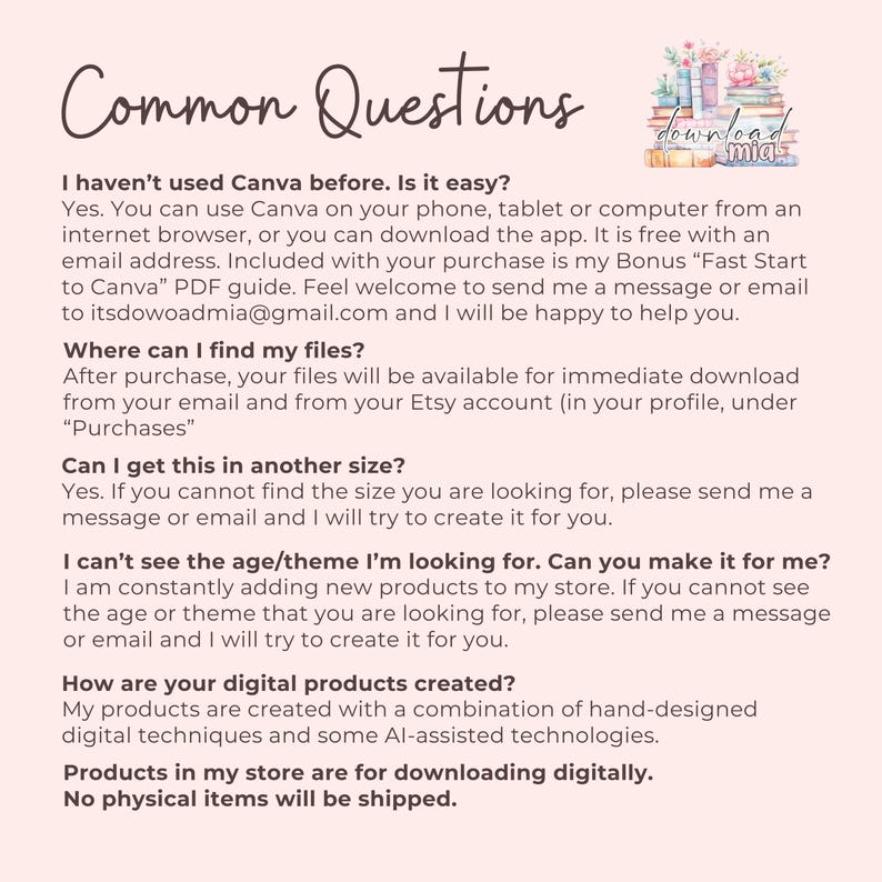 Puede incluir: Un fondo blanco con texto negro que responde a preguntas comunes sobre el uso de Canva, la descarga de archivos digitales y la creaci&oacute;n de productos personalizados. El texto incluye la frase "Common Questions" en una fuente grande en la parte superior de la imagen.