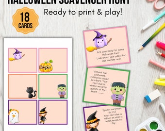 Halloween Scavenger hunt for kids, Kids treasure hunt clues, Scavenger hunt clue cards, Halloween game, Printable Halloween party games