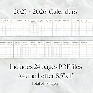 Calendario 2025 imprimible en blanco PDF Calendario 2025 2026 horizontal A4 Carta. Calendario de pared planificador mensual. Sencillo, elegante, arcoíris pastel