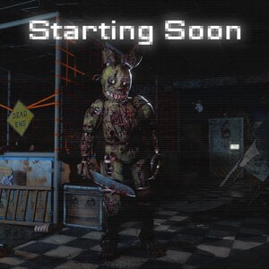 May include: A digital graphic featuring the text Starting Soon in white pixelated font. A weathered, olive-green animatronic rabbit character with exposed mechanical parts and blood-like stains stands in a dark, dilapidated room with a knife.