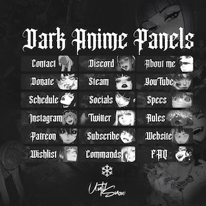 Peut inclure: Panneaux d'anime en noir et blanc avec des étiquettes de texte pour les médias sociaux, les coordonnées et d'autres informations. Le texte indique "Dark Anime Panels" en haut et "Until Snow" en bas.