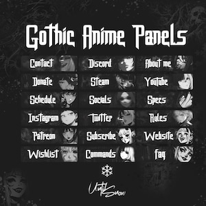 Peut inclure: Panneaux de style anime gothique avec des étiquettes de texte pour les médias sociaux, les coordonnées et d'autres informations. Les panneaux présentent des personnages d'anime en noir et blanc sur des fonds sombres.