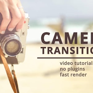 Puede incluir: Una cámara vintage con una correa de cuero marrón se sostiene frente a un fondo de playa borroso. La imagen incluye el texto "CAMERA TRANSITIONS" y detalles sobre un tutorial en vídeo.