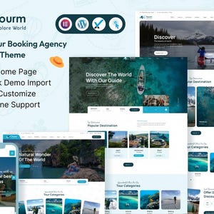 May include: A website design for a travel and tour booking agency, featuring a blue and white color scheme. The design includes multiple page layouts, a mobile app display, and the text "Tourm Explore World". The design highlights features like a unique home page and 24/7 online support.