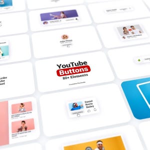 Puede incluir: Una colección de botones y elementos de YouTube coloridos. Los botones presentan varios diseños, incluidos botones de suscripción, botones de me gusta y botones de comentarios. El texto "YouTube Buttons 80+ Elements" se muestra en el centro de la imagen.