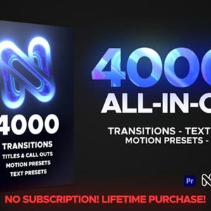 Puede incluir: Un gráfico azul y blanco con el texto "4000+ ALL-IN-ONE" y "4000 TRANSITIONS TITLES & CALL OUTS MOTION PRESETS TEXT PRESETS". El gráfico también incluye el texto "NO SUBSCRIPTION! LIFETIME PURCHASE!" y un logotipo con la letra "N" en un diseño azul y blanco. El gráfico está sobre un fondo negro.
