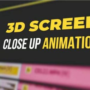 以下が含まれることがあります： 黒い背景に、黄色と白で「3D SCREEN CLOSE UP ANIMATION」というテキストが表示されたデジタルグラフィック。Adobe Premiere Proのロゴが左上にあります。画像は背景がぼやけています。