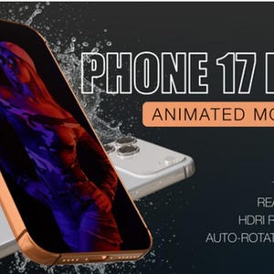 May include: A gold-colored Phone 17 Pro mockup with a black screen displaying a red and blue abstract image. The phone is angled, with a silver phone in the background. Text includes "PHONE 17 PRO" and "ANIMATED MOCKUP".