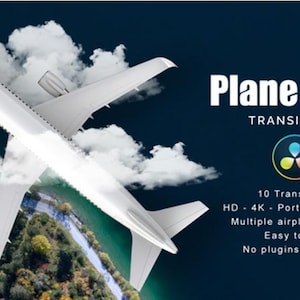 May include: A white aeroplane flies through clouds over a landscape of trees and water. The image includes the text "Plane Pass TRANSITIONS" and details about the product, such as "10 Transitions" and "HD - 4K - Portrait - Square."