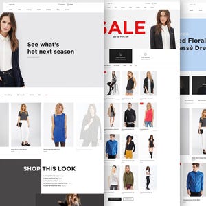 May include: A website layout showcasing fashion items. The top left features a woman in a navy cardigan and white shirt. Other sections display various clothing items, including dresses, tops, and jackets. The text "See what's hot next season" is visible.