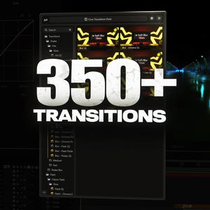 Pode incluir: Imagem escura com o texto "350+ TRANSITIONS" em fonte grande, branca e desgastada. Uma interface de software exibe várias opções de transição de vídeo. O fundo apresenta uma paisagem urbana escura e futurista com luzes azuis.