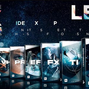 May include: A set of eight Adobe Premiere Pro presets for video editing. The presets are labelled "Solo", "V", "Pre", "Ef", "Fx", "Ti", "Tr", and "Play". The presets are designed to create a variety of effects, including transitions, colour grading, and motion graphics.