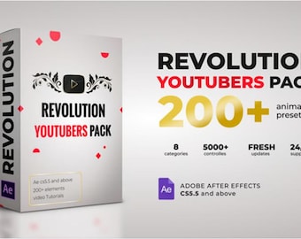 May include: A box with a white background and red accents. The box features the text "REVOLUTION YOUTUBERS PACK 200+" in gold letters. The box also includes the text "animation presets" in black letters. The box is for Adobe After Effects CS5.5 and above.