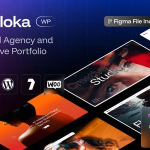 Könnte beinhalten: Ein Design für eine Digitalagentur und ein kreatives Portfolio mit dem Namen "Floka" in weißen Buchstaben auf einem violett-blauen Farbverlaufshintergrund. Das Bild enthält Website-Mockups, Symbole und den Text "Figma File Included" und "New Demos 18+".