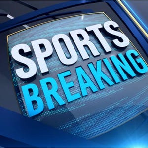 Peut inclure: Graphique avec le texte "SPORTS BREAKING" en blanc et bleu sur un fond bleu et noir. Le design a une apparence moderne en trois dimensions, avec un motif de points numériques, suggérant une émission d'actualités sportives.