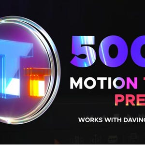 May include: A colorful graphic with a glowing blue and orange "T" in a circle, and the text "500+ MOTION TEXT PRESETS WORKS WITH DAVINCI RESOLVE".