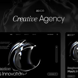 Könnte beinhalten: Digitales Design in Schwarz und Weiß für eine Kreativagentur. Das Design zeigt den Namen der Agentur, "AIXOR", und den Slogan "Creative Agency". Das Website-Design enthält den Text "Imagination Meets Innovation".