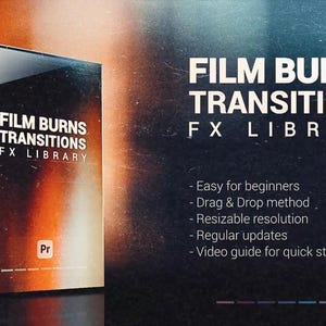 May include: A box with a red, orange, and yellow gradient design. The box has the text "FILM BURNS TRANSITIONS FX LIBRARY" on it. The text "Pr" is also visible on the box. The box is sitting on a dark surface.