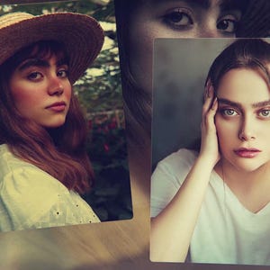 May include: A composite image featuring two portraits. On the left, a person wears a wide-brimmed straw hat and a white top. On the right, a person with dark hair wears a white V-neck shirt and a dark beaded bracelet, with hands near their face.