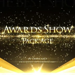 Puede incluir: Gráfico con temática dorada con el texto "AWARDS SHOW PACKAGE" en una fuente estilizada. El fondo es oscuro con efectos brillantes y rayos de luz dorados. También se ve el texto "BY DimkaMD" y la dirección del sitio web.