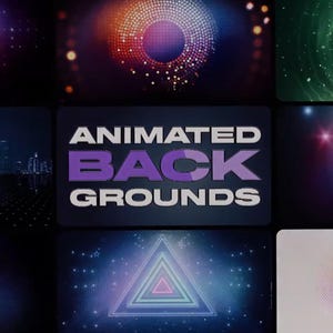 May include: A collage of animated backgrounds featuring various abstract designs, including a cityscape, a spinning circle, a triangle, and a glowing stage. The text "ANIMATED BACKGROUNDS" is displayed in the center of the collage.