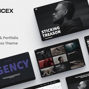 May include: A WordPress theme for digital agencies and portfolios, presented with a modern design. The image displays website mockups with dark interfaces and white text. Key text includes "NICEX", "AGENCY", and "STICKING TREASON".