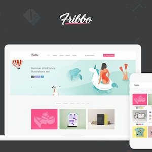 May include: A laptop and smartphone display a website with the logo "Fribbo". The website features illustrations of a girl on a unicorn float, a hot air balloon, and other summer-themed graphics. The smartphone shows a mobile version of the site.