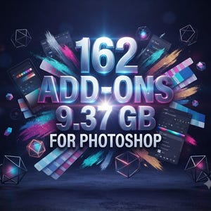 May include: A digital graphic display featuring the text 162 ADD-ONS 9.37 GB FOR PHOTOSHOP in bold, metallic lettering. The background includes colorful paint brush strokes, geometric wireframe shapes, and software interface panels.