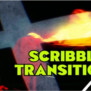 May include: Abstract digital art with the words "SCRIBBLE TRANSITIONS" in a bold, green font. The background features a cross shape and a blurred, colorful design with a DaVinci Resolve logo in the upper right corner.