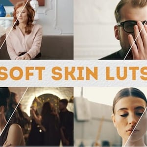 Puede incluir: Imagen que muestra un efecto de pantalla dividida con cuatro escenas diferentes. El texto "SOFT SKIN LUTS" se muestra en naranja. Las escenas incluyen una pareja, un hombre con gafas, una mujer en un bar y una mujer en un estudio.