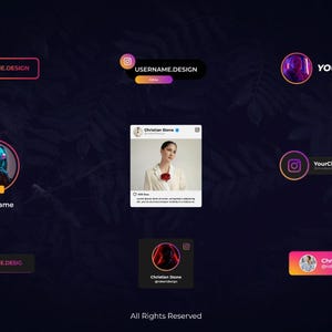 Op de afbeelding: Een verzameling kleurrijke social media graphics met een verloopontwerp. De graphics omvatten een live stream banner, een profielfotolijst, een kanaalbanner en een social media post. De graphics bevatten een camera-icoon, een profielfoto van een persoon en tekst die "LIVE", "@username", "YourChannel" en "Christian Stone" zegt.