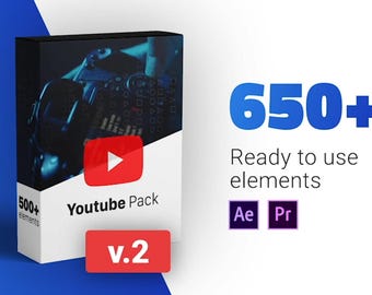 Może przedstawiać: Niebieskie pudełko z tekstem "650+ Gotowe do użycia elementy" i "Ae Pr" w białych polach. Pudełko jest oznaczone jako "YouTube Pack v.2" i zawiera ikonę przycisku odtwarzania. Pudełko znajduje się na białym tle.
