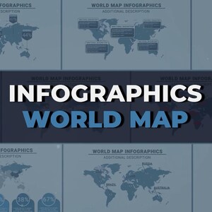 May include: A collection of world map infographics with data visualizations. The image features multiple panels with maps and data points, with the text "INFOGRAPHICS WORLD MAP" in the center. The maps are in shades of blue.