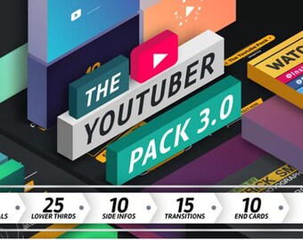 Może przedstawiać: Kolorowe wzornictwo graficzne z tekstem "The YouTuber Pack 3.0" w trójwymiarowym stylu izometrycznym. Projekt zawiera 20 ujawnień logo, 25 dolnych trzecich, 10 informacji bocznych, 15 przejść, 10 kart końcowych i 20 tytułów.