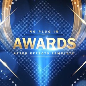 May include: A blue and gold awards ceremony template for After Effects. The text "NO PLUG IN" and "AWARDS" is displayed in a gold font. The background is a blue and gold abstract design.