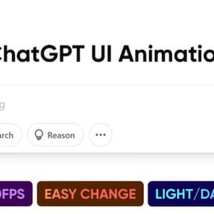 Peut inclure: Conception d'interface numérique pour l'animation de l'interface utilisateur de ChatGPT. L'image présente une barre de recherche blanche avec le texte "Ask anything" et plusieurs icônes. En dessous, des boîtes colorées avec les textes : "Ae", "4K 60FPS", "EASY CHANGE", et "LIGHT/DARK THEME".