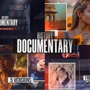 Puede incluir: Un collage de imágenes con el texto "HISTORY DOCUMENTARY" en letras grandes y en negrita. Las imágenes incluyen una mujer, escenas históricas y un astronauta en la luna. También se ven las palabras "5 VERSIONS OF DURATION" y "FREE FONT".