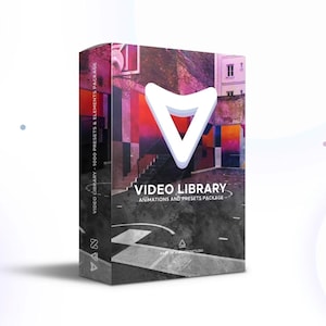 May include: A box with a colorful abstract design and the text "VIDEO LIBRARY ANIMATIONS AND PRESETS PACKAGE". The box is white with a pink, orange, and blue abstract design. The text is in black.
