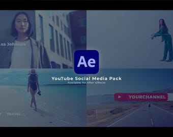 May include: A promotional image featuring a YouTube Social Media Pack for After Effects. The image includes a woman holding a phone with an Instagram profile, a woman in a green suit, and a woman walking on a beach. Also, a YouTube subscribe button.