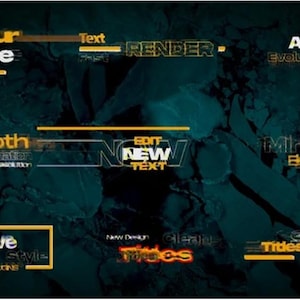 May include: A digital graphic with text elements in white and gold, set against a dark teal background. The text includes words like "Unique," "Render," "Abstract," "Smooth," "New Text," "Minimal," "Creative," and "Simple."