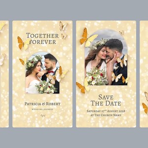May include: A set of four wedding invitation cards with a soft yellow background and butterfly accents. The cards feature photos of a couple, along with text that reads "Patricia & Robert", "Save the Date", and "RSVP".