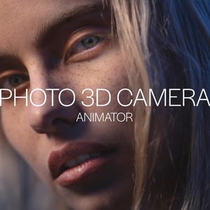 May include: Close-up of a woman's face with blonde hair. The text "PHOTO 3D CAMERA ANIMATOR" is superimposed on the image.