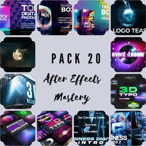 May include: A collage of colorful images showcasing After Effects templates for video editing. The images feature various themes, including 3D typography, animated backgrounds, and logo reveals. The text "PACK 20 After Effects Mastery" is prominently displayed in the center.