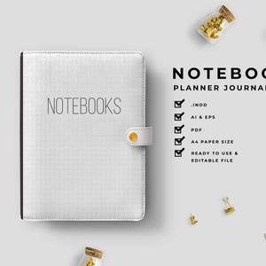 May include: A white notebook with the word "NOTEBOOKS" printed on the cover. The notebook is closed with a gold button clasp. The image also includes a gold pen, paper clips, and decorative elements.