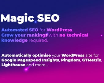 May include: A purple and blue gradient background with the text "Magic SEO" in white. The text "Automated SEO for WordPress. Grow your rankings with no technical knowledge required." is below the title. The text "Automatically optimise your WordPress site for Google Pagespeed Insights, Pingdom, GTMetrix, Lighthouse and more..." is at the bottom of the image.