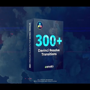 May include: A blue box with white text that reads "300+ Davinci Resolve Transitions". The box is on a blue background with white and pink clouds.