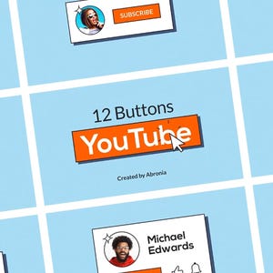 May include: A collection of 12 colorful YouTube button designs with different call to actions, including "Subscribe", "Like the Video", and "Get Notified". The buttons feature a variety of styles, including animated icons and text.