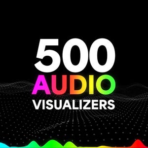 Puede incluir: Un fondo negro con el número 500 en blanco y el texto "AUDIO VISUALIZERS" en colores arcoíris. El texto está sobre un campo de puntos blancos.