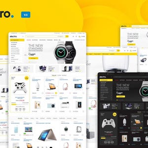 May include: Several website mockups with a yellow and white colour scheme. The website displays various electronics, including smartwatches, headphones, and game controllers. The logo "electro" is visible in the top left corner.